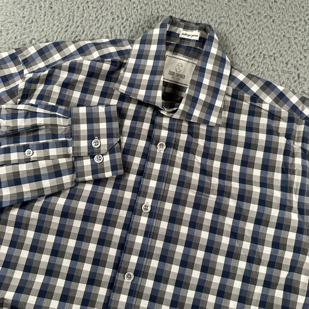 Todd Snyder Men's Button-Down Shirt Blue Gray 15.5 Cotton Check Melange Yarns